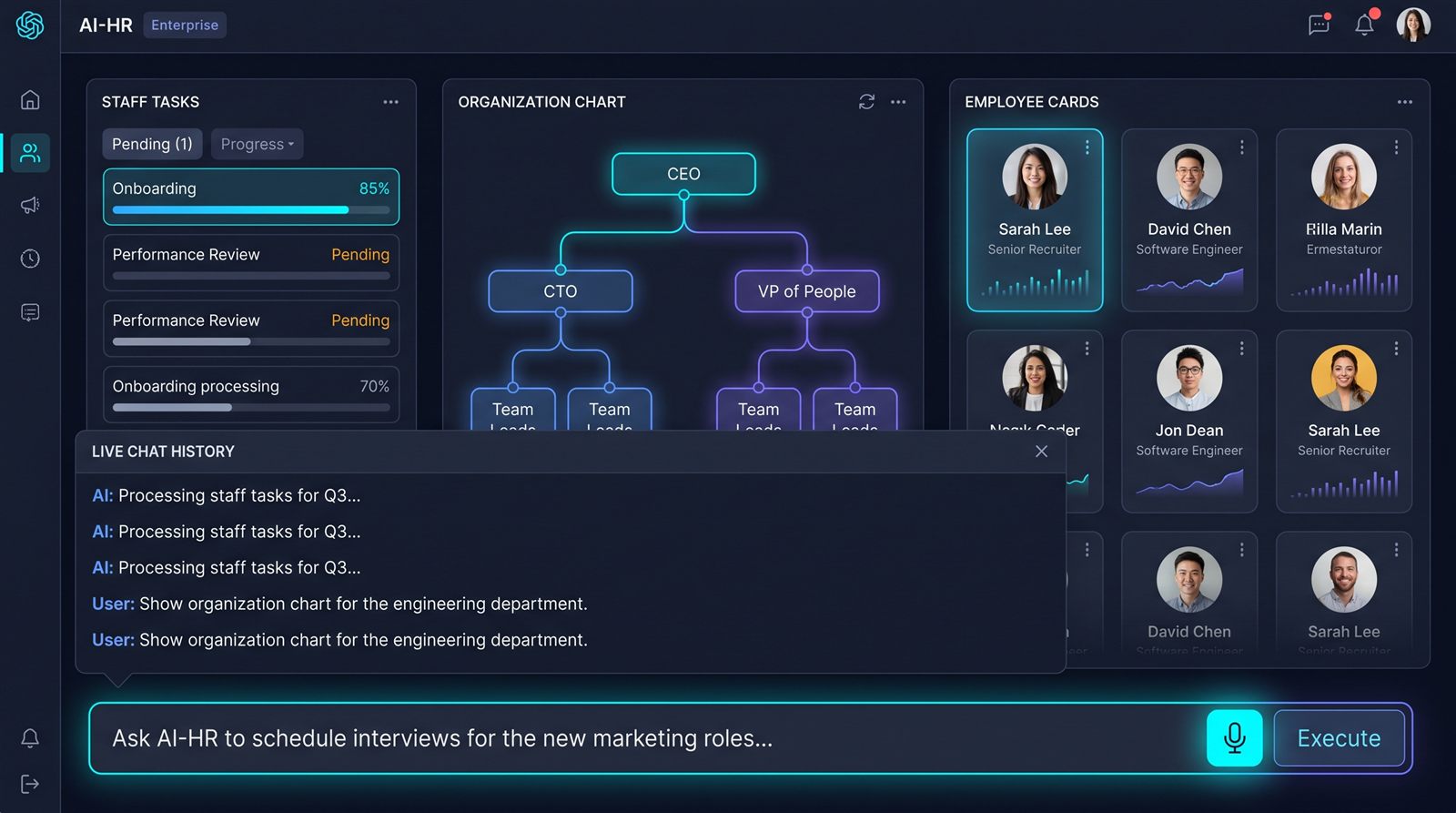 AI-powered HR management dashboard with natural-language command bar, staff tasks, and org chart