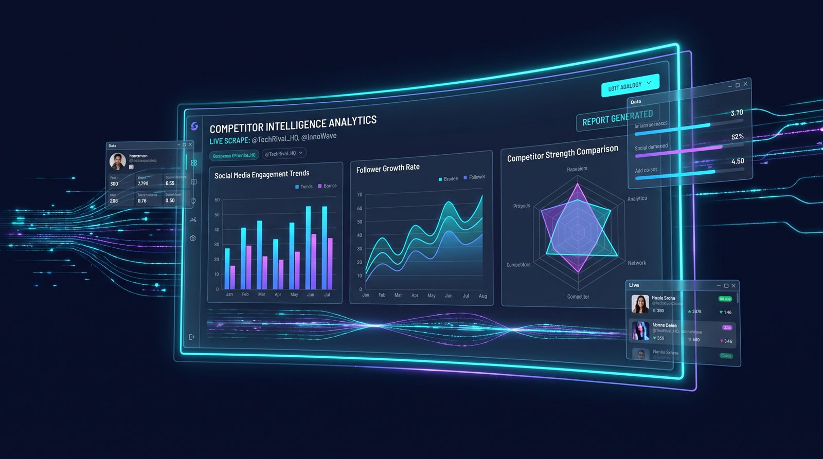 Competitor intelligence analytics dashboard with engagement trends, growth rates, and strength comparison charts