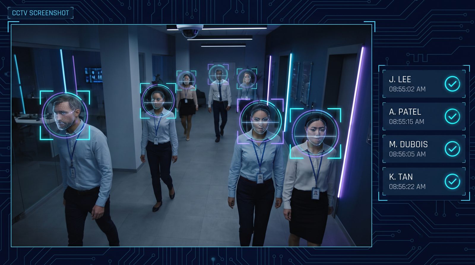 AI facial-recognition attendance system detecting employees through CCTV with automatic check-in log